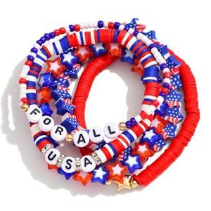 Set Of Five American Flag Themed Stretch Bracelet Featuring Star Beads And USA